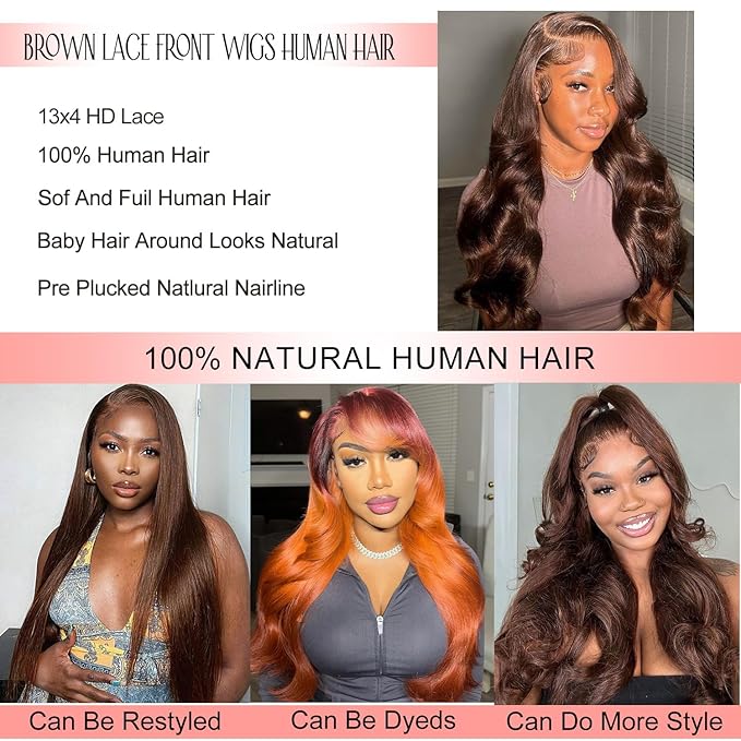 Alimubi Chocolate Brown Lace Front Wig Human Hair for Women 13x4 HD Body Wave Lace Frontal Wigs Pre Plucked with Baby Hair Glueless Wigs 180% Density 30Inch