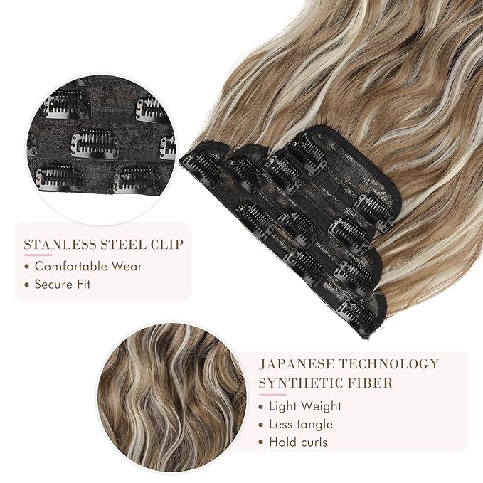 REECHO Hair Extensions, 4PCS Clip in Hair Extensions HE001 Natural Soft Synthetic Hairpieces for Women (20 Inch-200 Gram (Pack of 4), Ash Brown with Platium Highlights)