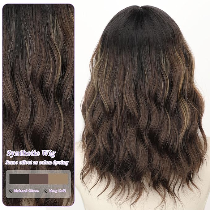 AISI HAIR 14 Inch Brown Mix Blonde Wigs for Women - Shoulder Length Wave Wig with Pre-Cut Lace Hairline, Middle Part Natural Wavy Bob Synthetic Heat Resistant Fiber for Daily and Party