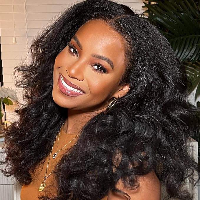 Julia Hair V Part Human Hair Wig Kinky Straight for Women Glueless Wigs Brazilian Virgin Human Hair Wigs Upgrade Upart Wig No Leave Out No Glue No Sew Natural Black Beginner Friendly 26 Inch