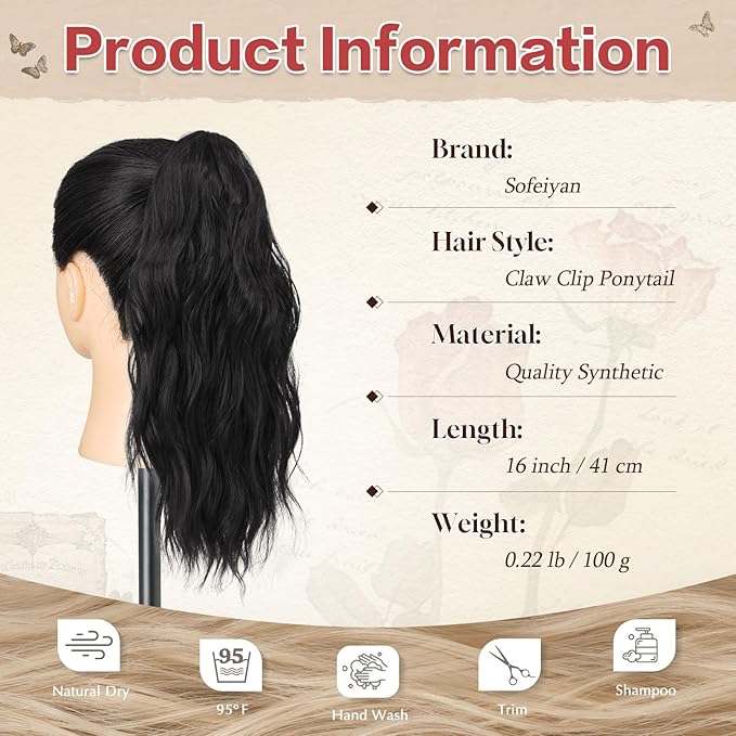 SOFEIYAN Ponytail Extension 16" Curly Wavy Claw Clip Ponytail Hair Extensions Small Claw Clip in Hairpiece Fluffy Clip on Pony Tails Jaw Clips for Women Synthetic Hairpiece, Black