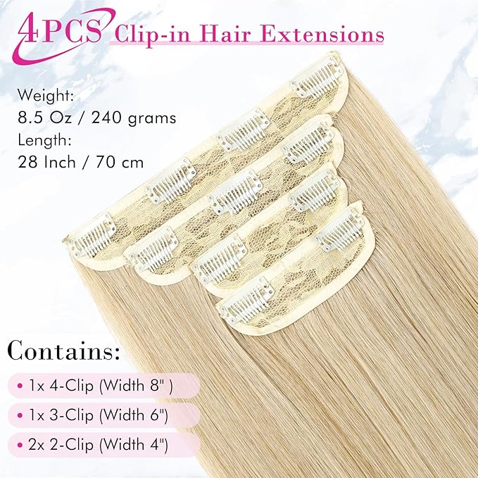 REECHO Hair Extensions, 24" Straight Long Thick 4 PCS Set Thick Clip in on Hair Extensions -Medium Blonde