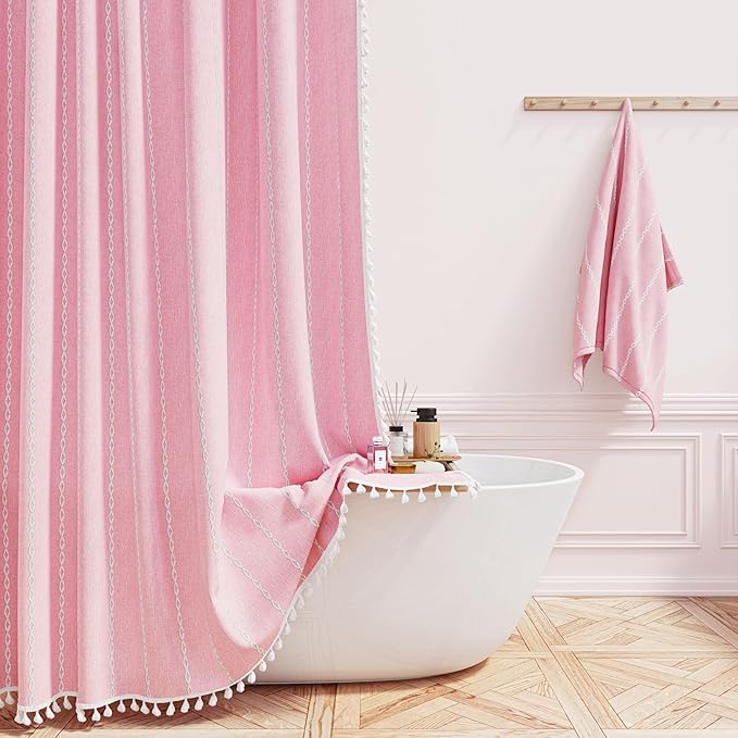 BTTN Boho Farmhouse Shower Curtain - Linen Rustic Heavy Duty Striped Fabric Shower Curtain Set with Tassel, Bohemian Vintage Country Cloth Shower Curtains for Bathroom，Pink，72" W x 96" L (Pack of 1)