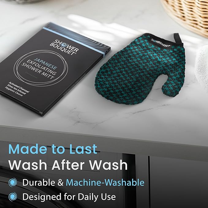 Japanese Exfoliating Mitt 2-Pack - Charcoal & Silver Ion Exfoliating Gloves for Shower - Soft Inner Fabric Gentle Exfoliation & Deep Cleansing Body Scrub Gloves for All Skin Types - 1 Blue, 1 Green