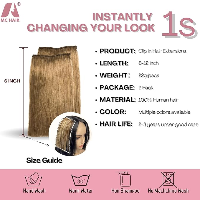 2 Pcs Short Hair Extensions, Human Hair Clip in Extensions for Women Adding Volume 6 inch Chestnut Brown