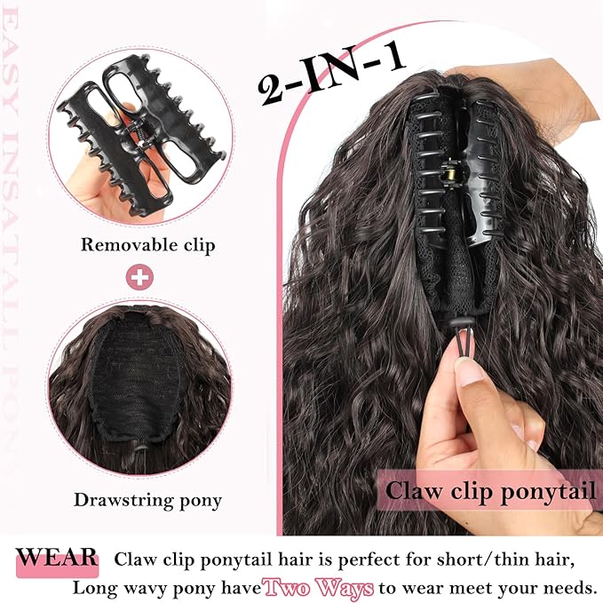ENBEAUTIFUL 30" Claw Clip Ponytail Extension Long Wavy Ponytail Extension Synthetic Pony Tails Hair Extensions Clip in Hair pieces Fluffy Natural Looking for Women Black Brown