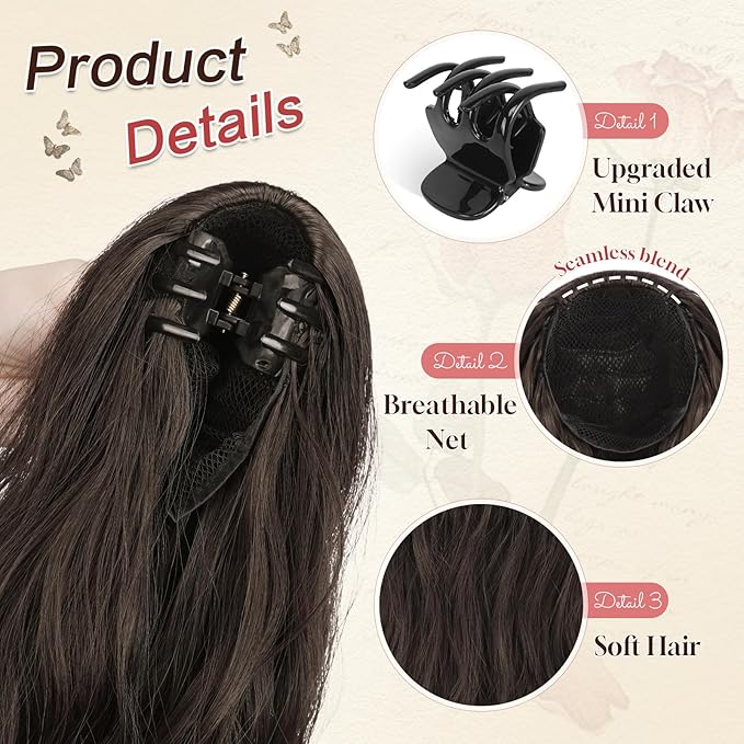SOFEIYAN Ponytail Extension 16" Curly Wavy Claw Clip Ponytail Hair Extensions Small Claw Clip in Hairpiece Fluffy Clip on Pony Tails Jaw Clips for Women Synthetic Hairpiece, Dark Brown