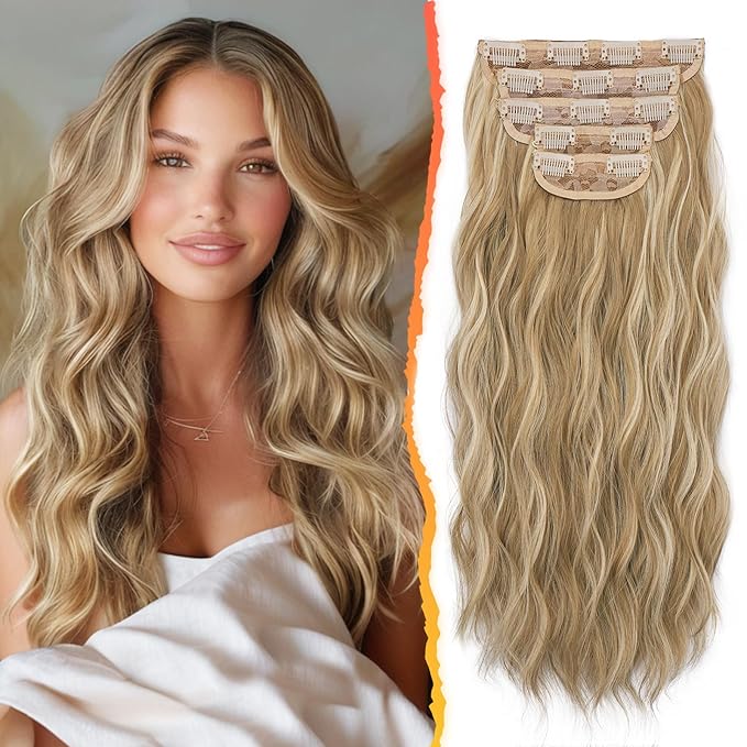 BARSDAR Wavy Clip in Hair Extensions - 20 Inch Golden Blonde Highlight Clip in Hair Extensions for Women - 5PCs Thick Soft Synthetic Loose Wavy Hairpieces – Golden Blonde with Highlights