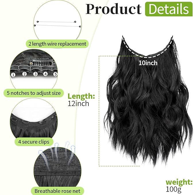 KooKaStyle Invisible Wire Hair Extensions with Transparent Headband Adjustable Size 4 Secure Clips Long Wavy Secret Wire Synthetic Hairpiece for Women (12 Inch, Black)
