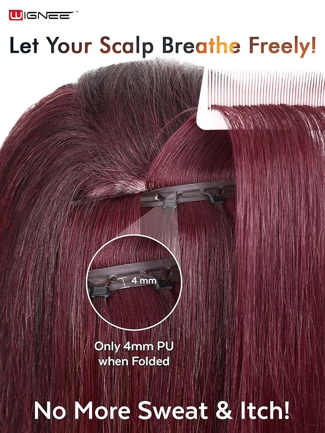 WIGNEE OVO Red Hair Extensions 20 Inch,100g,5PCS,Real Human Remy Hair, Double Hand-Tied Weft,Glueless Micro Bead Install, Add Volume for Thin Hair,Seamless Human Hair Extensions for White Women (BUG)