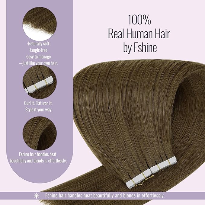 Fshine Tape in Hair Extensions 18 Inch Chocolate Brown Straight Natural Human Hair 20 pcs Skin Weft 50 g Thick Ends,Designed for Travel, Vacation & Holiday Styles
