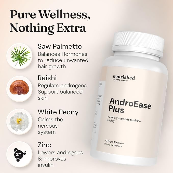 Nourished AndroEase Plus - Vegan Hormone Balance for Women - Zinc, Reishi, Green Tea and Saw Palmetto for Women - for Energy, Vitality, Facial Hair and Daily Wellness - 60 Capsules, Made in USA