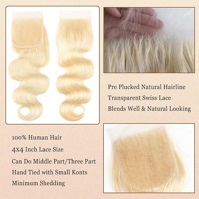 613 Bundles Human Hair with Closure 22 24 26 + 20 inch Blonde Body Wave Human Hair 3 Bundles with 4x4 Transaprent Lace Closure 100% Unprocessed Virgin Human Hair Weave Extensions with Closure