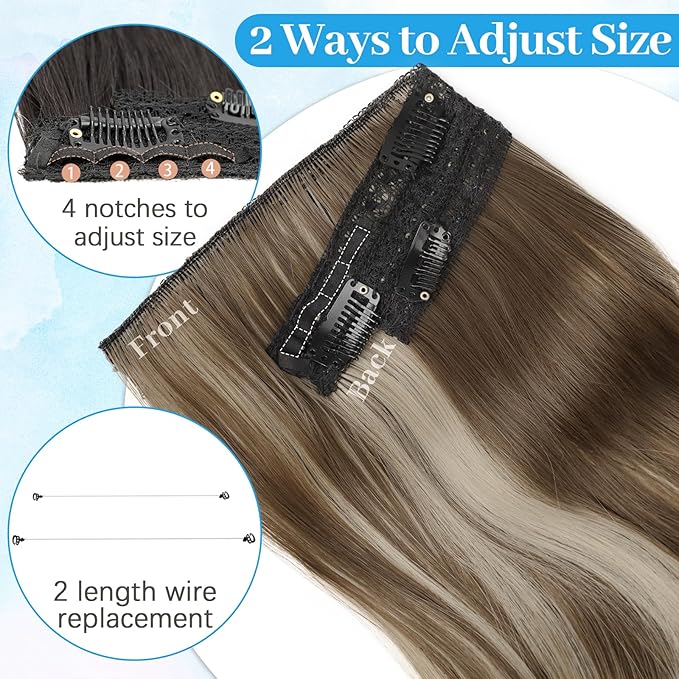 KooKaStyle Invisible Wire Hair Extensions Long Wavy Layered Synthetic with Transparent Headband Adjustable Size 6 Secure Clips Hairpieces for Women (20 Inch, Medium Brown Mix Ash Blonde)