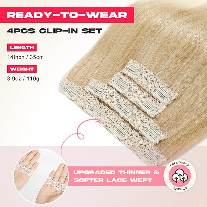 Hair Extensions, 14" Short Clip in Hair Extensions 4PCS Straight Natural Soft Synthetic Hairpiece for Women - Dark Blonde with Light Ends