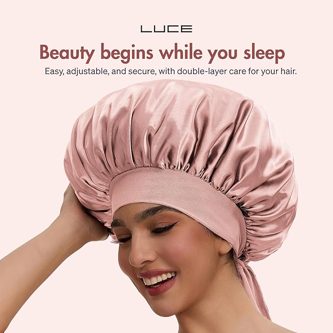 LUCE Satin Bonnet for Sleeping – Adjustable Double Layer Hair Cap for Women, Prevents Frizz & Breakage, Comfortable Night Cap