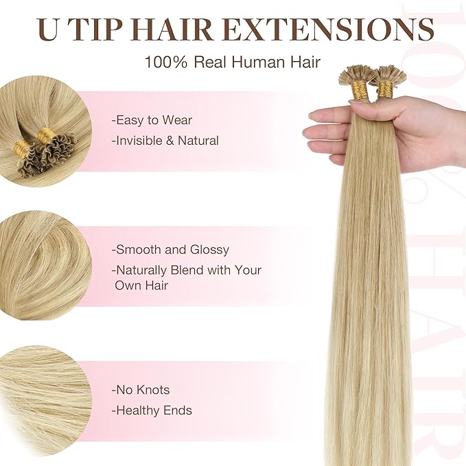 GOO GOO U Tip Hair Extensions Real Human Hair, 18inch 50g 50S, Hot Fusion U Tip Hair Extensions, Invisible Remy Hair Extensions, 18ET90A Natural Blonde Balayage