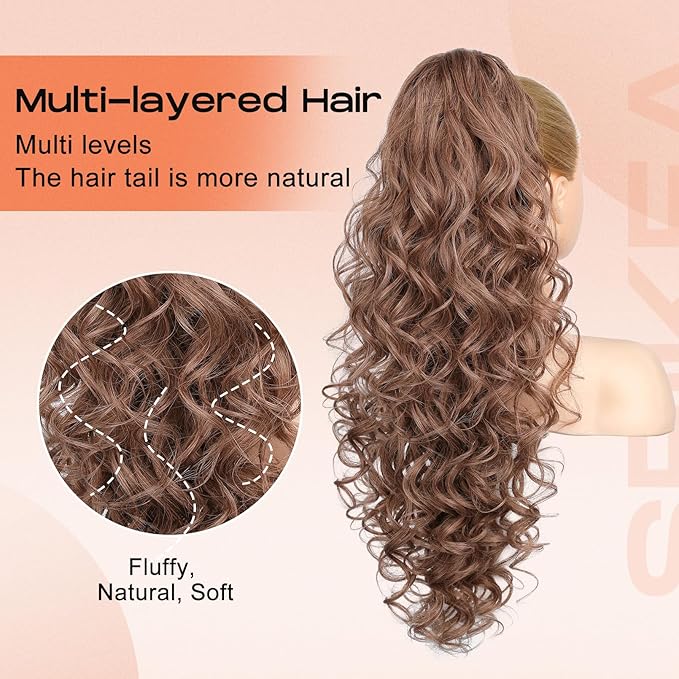 SEIKEA Ponytail Extension, 24" Fluffy Long Wavy Curly Claw Clip Hair Extensions Ponytail Multi-layered Clip in Fake Pony Tails Natural Soft Synthetic Hairpiece Light Ash Brown