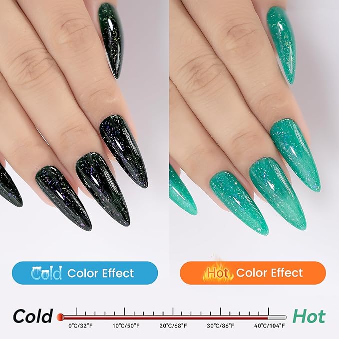 YTD Likomey Color Changing Gel Nail Polish with Base Coat and Top Coat Set,Fall Winter Shine Brocade Glitter Mood Temperature Change Red Green Pink Black Thermal Ombre UV Color Gel,8 Pcs 7.5 ml