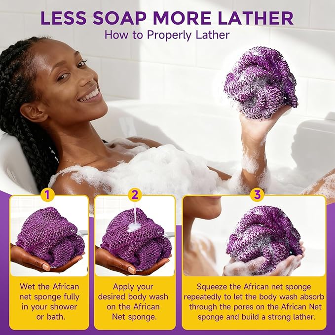 2 Pieces African Net Sponge Authentic, Durable Back Scrubber Washcloth for Shower, Exfoliating Net Sponge for All Skin, Bathing Accessories for Women (2 Pack (Pink and Purple))