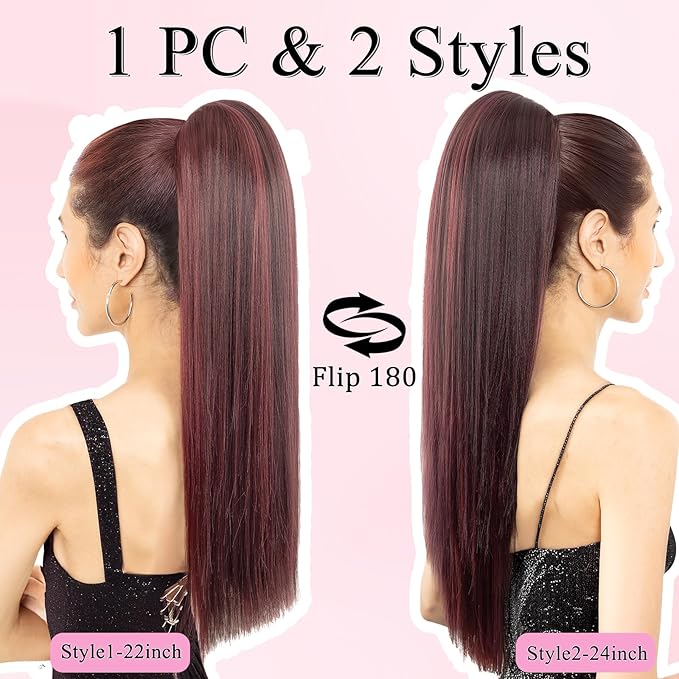Ponytail Extension, 24" Long Straight Claw Clip Ponytail Extension clip on ponytails hair clip Hair claw clip Fake Ponytail Hairpieces for Women – Wine Red with Burgundy HL