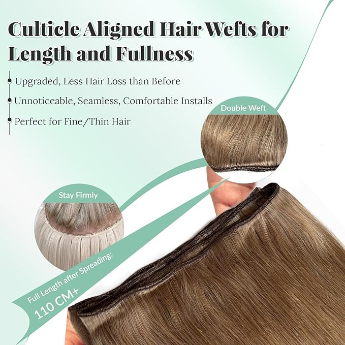 Ash Brown Sew in Hair Extensions Human Hair Straight Bundles Double Weft 120G 24 Inch Hand Tied Hair Extensions Real Human Hair Wefts Sew in #8 Ash Brown Weave Bundles Thick and Full