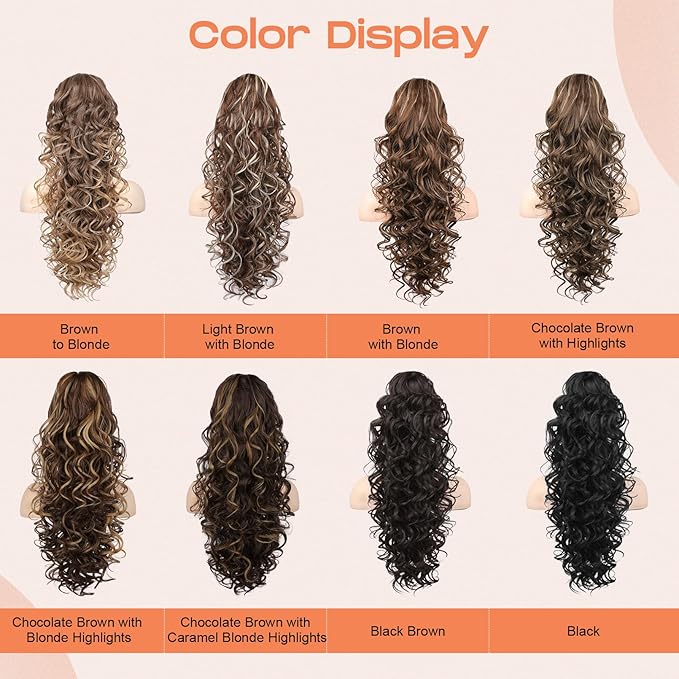 SEIKEA Ponytail Extension, 24" Fluffy Long Wavy Curly Claw Clip Hair Extensions Ponytail Multi-layered Clip in Fake Pony Tails Natural Soft Synthetic Hairpiece Chocolate Brown with Blonde Highlights