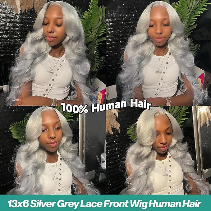 13x6 Grey Lace Front Wigs Human Hair Body Wave Gray Wigs Human Hair Pre Plucked with Baby Hair 200 Density Glueless Brazilian Virgin Grey Lace Frontal Wigs for Women 26 Inch