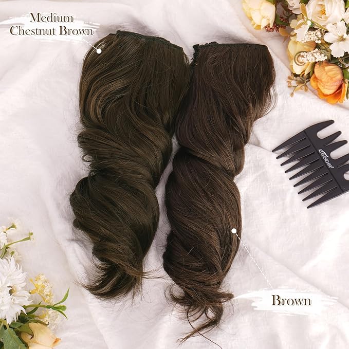 BARSDAR Wavy Clip-in Hair Extensions - 12 Inch Brown, 6PCs Full Head Thick Soft Synthetic Clip-in Hairpieces for Daily Party Halloween - Chestnut Brown