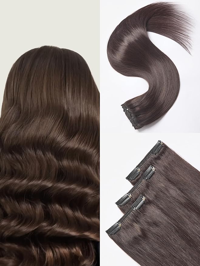 Frodio Clip Ins Hair Extensions Dark Brown 18 inches Real Human Hair Seamless Silk Long Straight Full Thick Virgin Brazilian Natural Color Beauty For Women Can Be Body Wave 110g 7 Piece