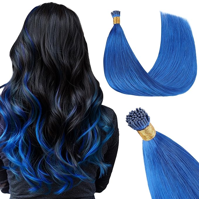 GOO GOO Colored I Tip Hair Extensions, Real Human Hair, 16inch 50g 100S, Cold Fusion, Invisible Remy, Blue