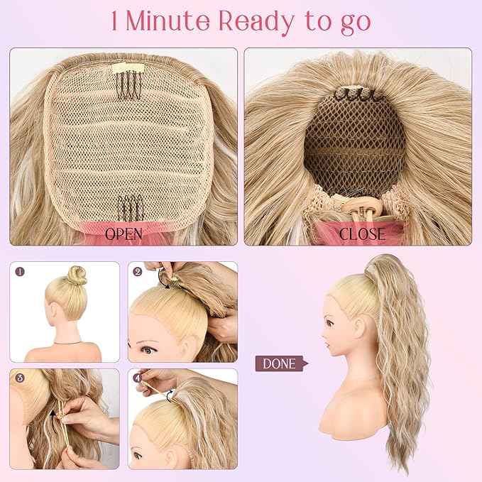 HOOJIH Ponytail Extension, Drawstring Ponytail Hair Extensions 26 Inch Long Curly Wavy Ponytail Natural Wavy Synthetic Hairpiece for Women Daily Use - Light Golden Blonde with White Blonde