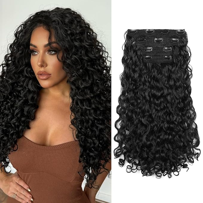 REECHO Curly Hair Extensions - 4PCS 18" GoGo Curly Clip in Hair Extensions 100% Super Protein Hairpieces with Invisible Lace Weft Silky Soft Natural Look for Women - Jet Black