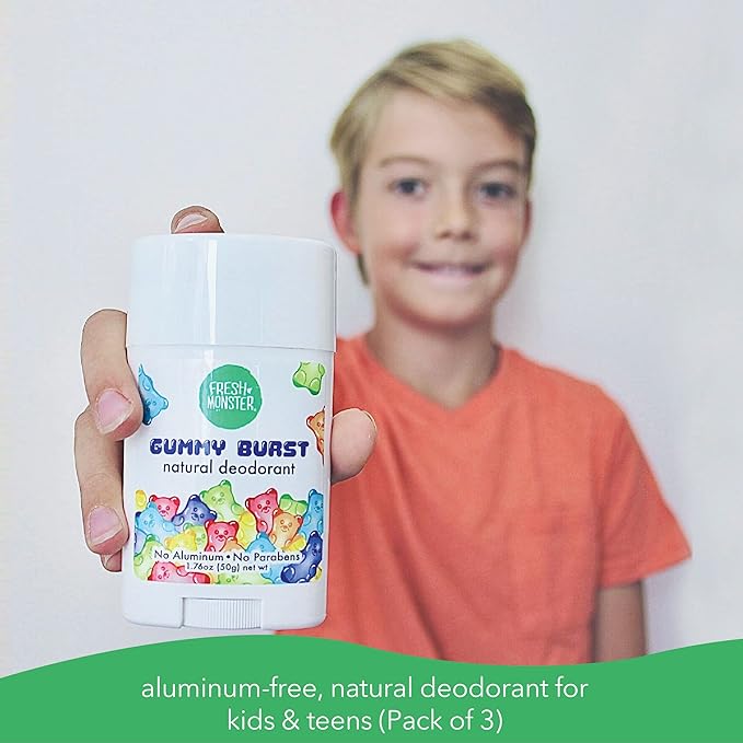 Fresh Monster Natural Deodorant for Kids & Teens I Mom's Choice Gold Award Winner | Aluminum-Free, Paraben-Free, Hypoallergenic I 24-Hour Protection I Gummy Burst Scent I 1.76 oz (3)