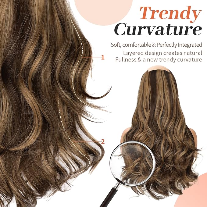 Kookastyle Clip in Hair Extensions, Natural Long Layered Soft Invisible Synthetic Curly Hairpieces for Women,4 pcs(20 Inch,Balayage Dark Brown to Chestnut)
