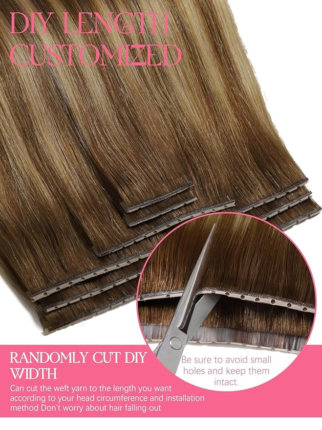Lacer Double Layered Invisible Weft PU OVO Hair Extensions 14in Twin Tab Butterfly Genius Weft Hair Extensions Chocolate Brown To Caramel Blonde With Brown Roots Hand Tied Micro Beads 100G 31.5"