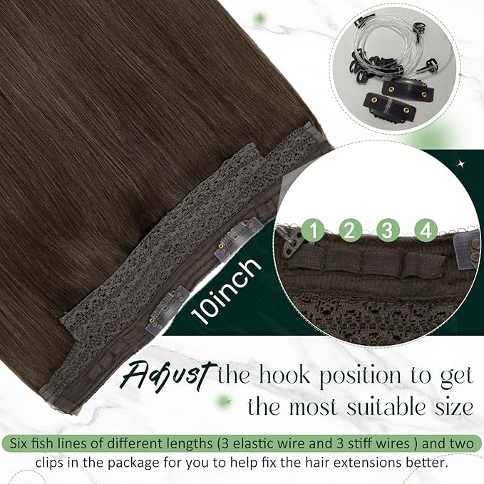 RUNATURE Invisible Wire Hair Extensions Human Hair, 14 Inch 70g One Piece, Brown Wire Hair Extensions Soft Natural Looking, Seamless Fish Line Hairpiece for Women #2 Dark Brown