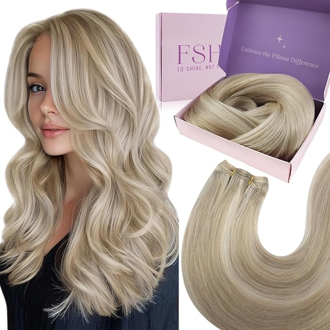 Fshine Weft Hair Extensions Human Hair 18 Sew in Remy Extensions Color Ash Blonde 18p613 Mixed with Bleach Blonde for Women 100g Brazilian