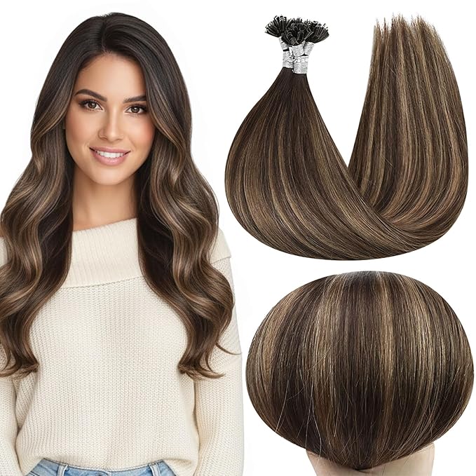 Full Shine Keratin U Tip Hair Extensions Human Hair Balayage Brown U Tip Hair Extensions Real Human Hair 14 Inch Natural Human Hair Straight Remy Hair 40 Grams add Volume