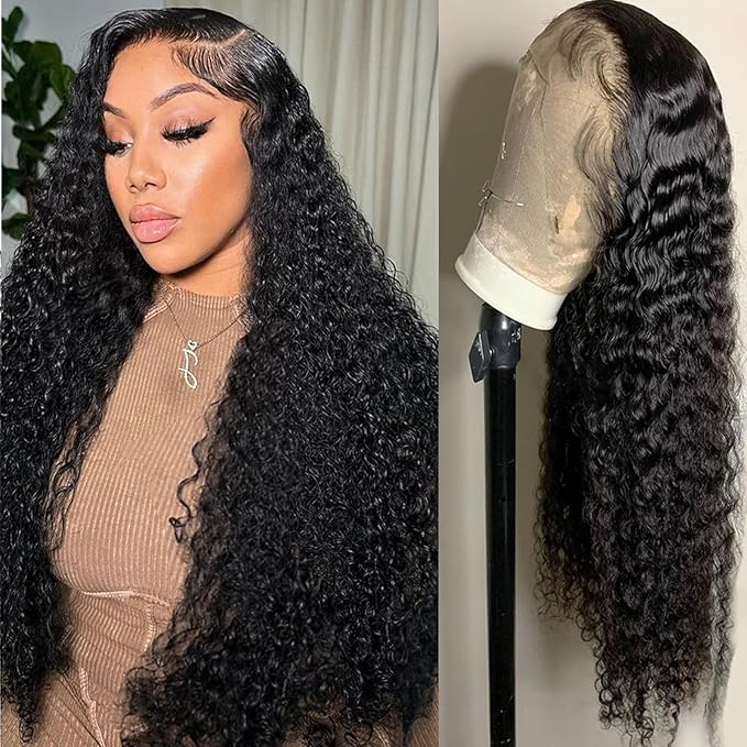 Manorshen 20Inch 13x6 Wet and Wavy Deep Wave Lace Frontal Wigs Brazilian Virgin Lace Front Deep Curly Wave Glueless Human Hair Pre Plucked Wig 180% Denisty With Baby Hair Natural Black