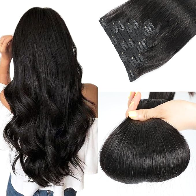 Clip in Hair Extensions Real Human Hair Natural Black 20 inch 7pcs 80g/Pack, Human Hair Clip in Extensions, Salon-Grade Quality, Easy Comfort Wear for Women (#1B, 20 inch)