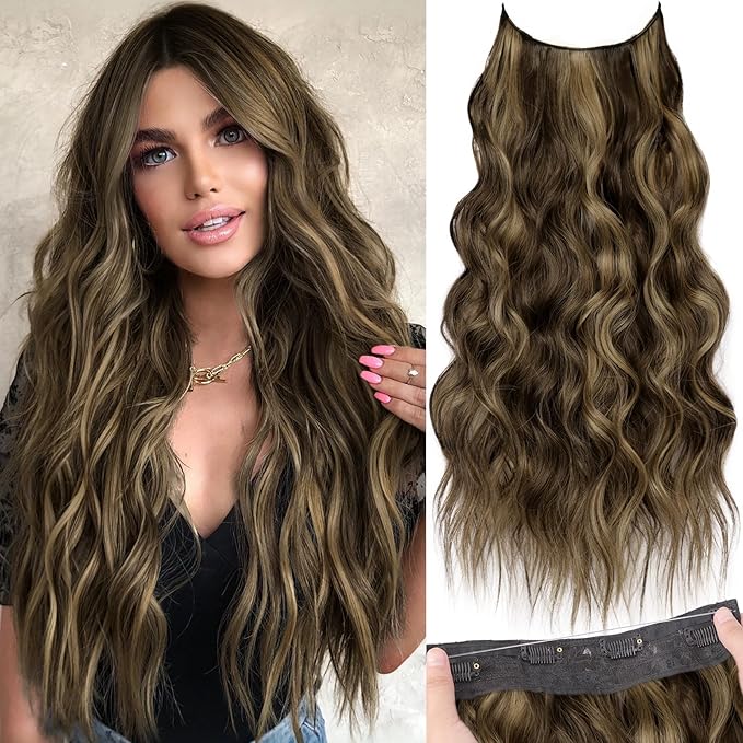 KooKaStyle Invisible Wire Hair Extensions with Transparent Headband Adjustable Size 4 Secure Clips Long Wavy Secret Wire Hairpiece 24 Inch for Women (Balayage Chocolate Brown to Caramel Blonde)