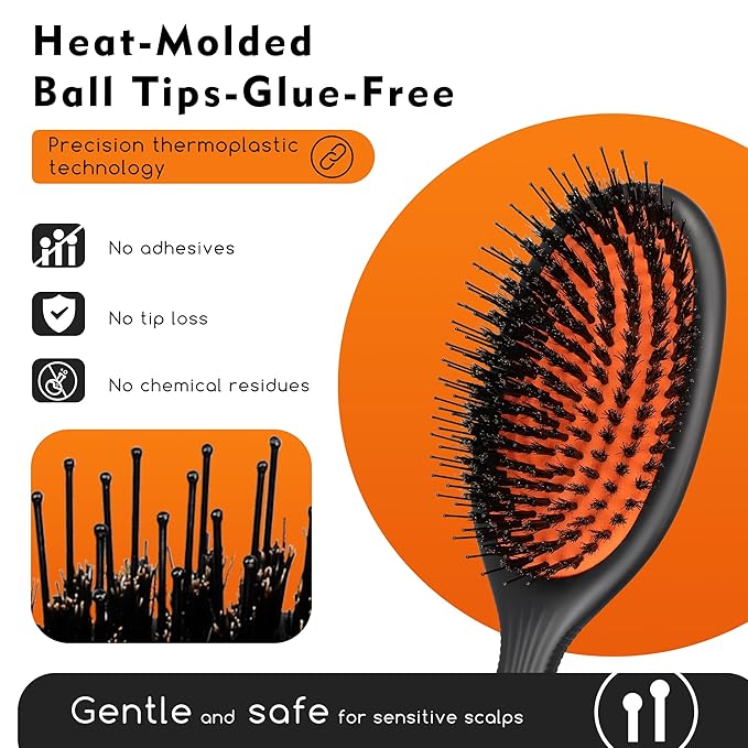 Hair Brush, Nylon and 100% First Cut Soft Boar Bristle Brush for Women Men Kids - Suitable for Fine/Thick/Long/Curly/Thinning/Wet/Dry Hair,Smooths Frizz and Enhance Shine & Salon-Quality