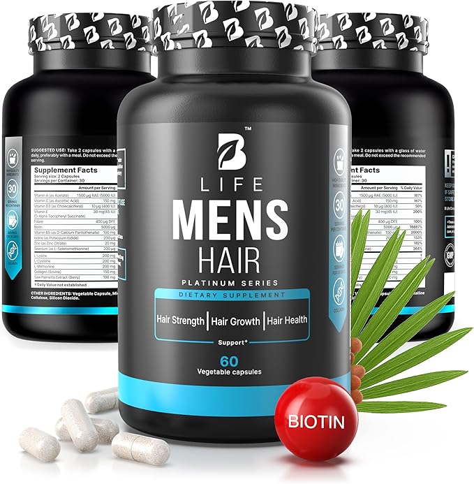 Men’s Hair Growth Supplement – Biotin & Collagen Hair Vitamins for Men – Thicker, Fuller Hair, Nail & Scalp Support – Hair Loss Supplement with Zinc, Selenium & Vitamins A C D E – 60 Capsules