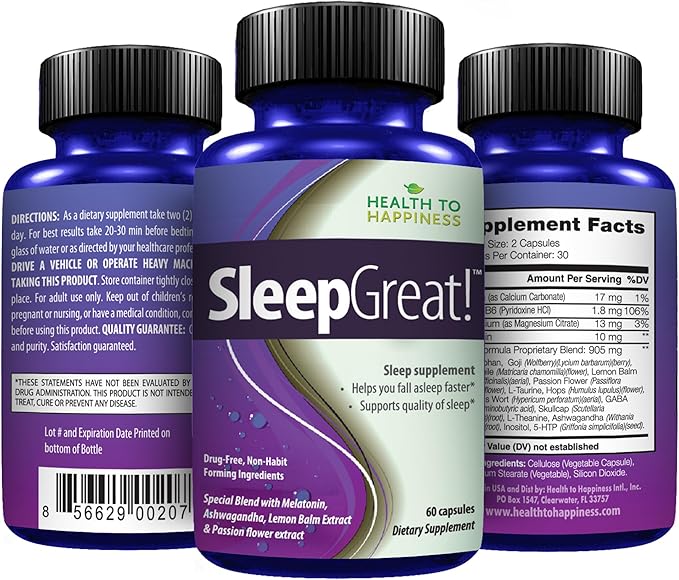 Sleep Great – Natural Sleep Aid with Melatonin, Lemon Balm, Ashwagandha, Valerian & Passion Flower – 60 Capsules
