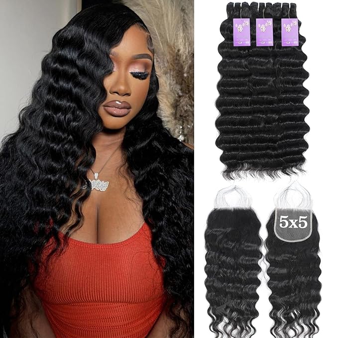 FASHION PLUS Raw Bundles Human Hair Loose Deep Wave Bundles with Closure Human Hair (18 20 22 +16) 5x5 HD Lace Closure With Bundles Thick Raw Loose Wave Hair Triple Lifespan