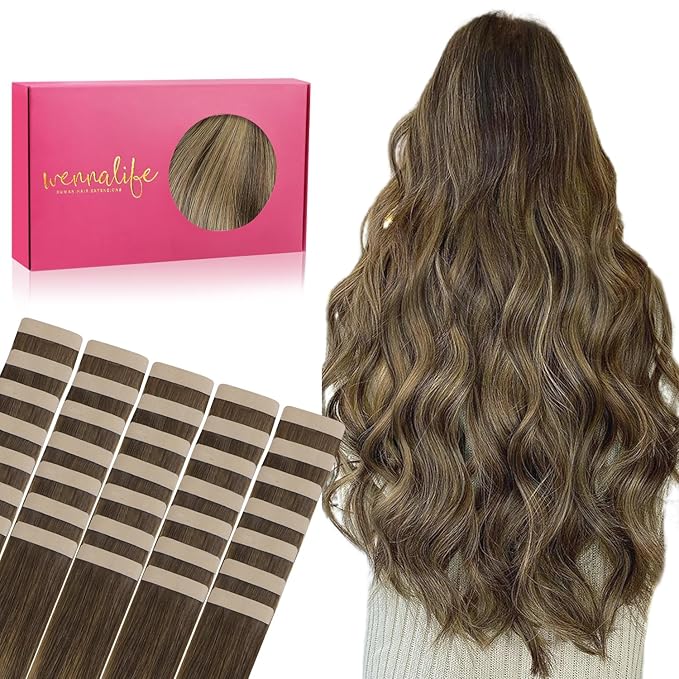 Wennalife Tape in Hair Extensions Human Hair, 40pcs 60g 10 inch Balayage Chocolate Brown to Caramel Blonde Hair Extensions Real Human Hair Straight Tape in Extensions Reusable Real Hair Extensions