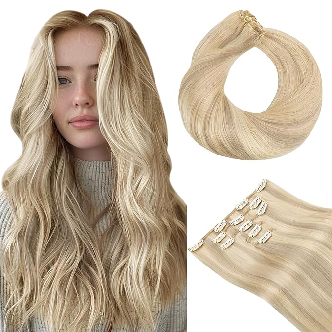 HOTBANANA Clip in hair Extensions, Ash Blonde Highlighted Platinum Blonde 5pcs Clip in Hair Extensions Real Human Hair Straight Remy Hair Extensions 16inch 85g
