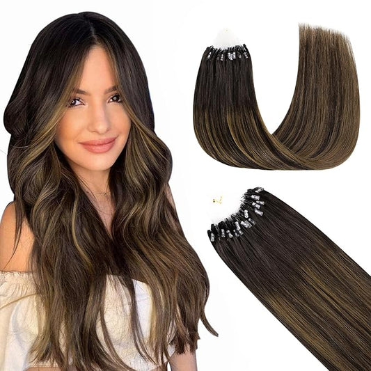 GOO GOO Micro Link Tip Hair Extensions Real Human Hair, 20inch 50g 50S, Cold Fusion Micro Link Tip Hair Extensions, Invisible Remy Hair Extensions, 2/6/2 Balayage Dark Brown to Chestnut Brown