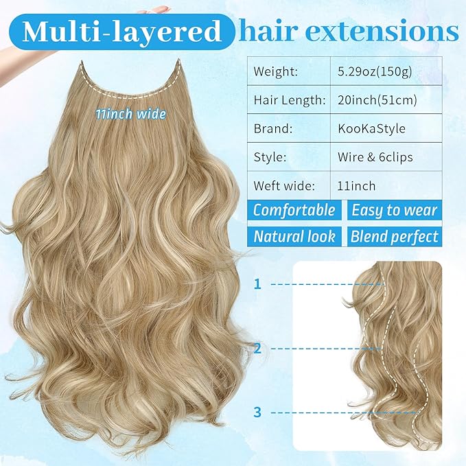 KooKaStyle Invisible Wire Hair Extensions Long Straight Layered Synthetic with Transparent Headband Adjustable Size 6 Secure Clips Hairpieces for Women(20 Inch, H1860A#Beige Blonde)